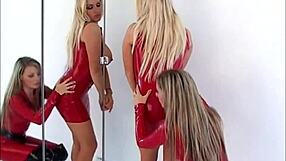Rubber clad lesbian babes: Big busted blonde and brunette strapon lesbian sex