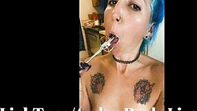 Non professional babe wearing fishnets and garter performs sex with fake penis and vocalizes