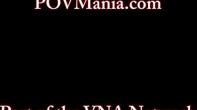 POV video of two hot brunettes having sex in lingerie with two big cocks deep in their throat