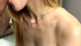 Teeny amateur babe performs a deepthroat blowjob followed by the taking of a fuck load