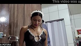 Teen girl swallows spunk in mouth and on maid’s head to another girl