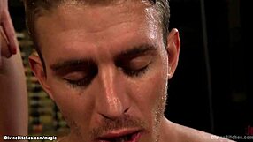 Sick unusual bondage sex tape shows man eating a cake off a cock