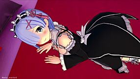 Blue haired anime girl gets hand job from her man in a love hotel