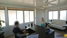 A young blonde woman has some financial difficulties and she cannot pay rent; she needs to take a bank loan
