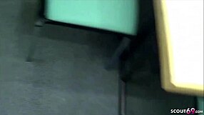 Pretty German teenager Lucy seduces two males from her workplace and has sexual intercourse with all three of them