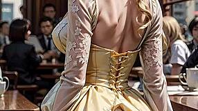 The beautiful, blonde lady dressed in Victorian clothing unveils herself in the open air
