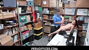 Asian teen Jade Noir receiving spanking from a perv officer in the back of a shop