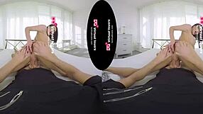 Hot VR show with a big boobed German shemale stunning in glasses