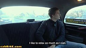 Cute passenger being sicked on breasts and pussy before being bonked in the back seat of the cab of a horny European driver