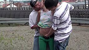Young blonde enjoys public train station threesome with boys
