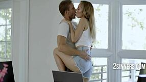 Passionate couple enjoys erotic experience with petite blonde