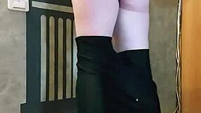 Horny wife in leggings masturbates and gets spanked solo