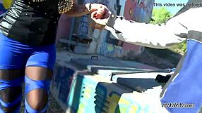 Busty woman gives a nasty anal ride outdoors