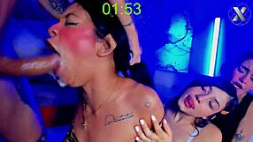 Saliva-covered face and deepthroat action in group sex
