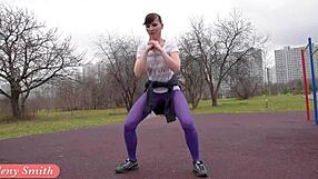 Jeny Smith's outdoor workout in sexy pantyhose