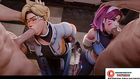 Pretty booby Overwatch DVA gets a big cock in her animated hentai