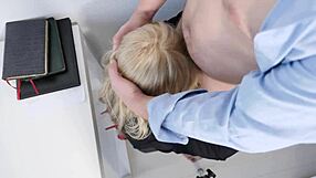 Hot milf gets kinky deepthroat and facial on the desk