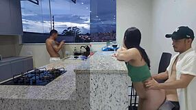 Wife enjoys a hot kitchen romp while her husband helps