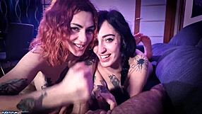 Skinny guys try not to cum in 3some with hot girls