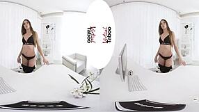 Virtual reality office pleasure with a hot brunette