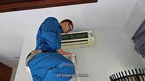 A handyman pleases two girls with a big tool