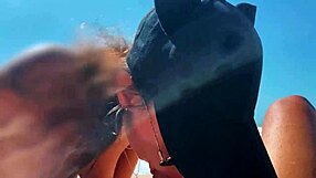 Public POV beach blowjob with a sexy teen in a dress