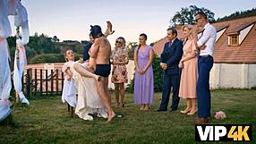 Beautiful love making scene with a bride in a rural setting