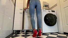 German housewife in sexy red heels gets wet alone