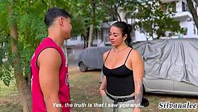 Big-boobed MILF watches fitness guy and fucks him hard