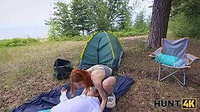Skinny redhead gets fucked by a friend in nature
